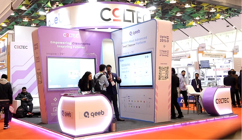 Coltec booth showcasing Rise and Inertia Series Intelligent Interactive Flat Panels for education and corporate solutions.