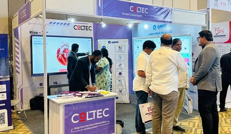 Coltec booth showcasing Rise and Inertia Series Intelligent Interactive Flat Panels for education and corporate solutions.