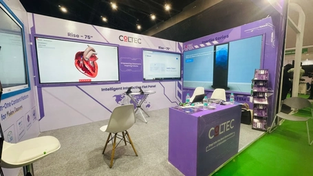 Coltec booth showcasing Rise and Inertia Series Intelligent Interactive Flat Panels for education and corporate solutions.