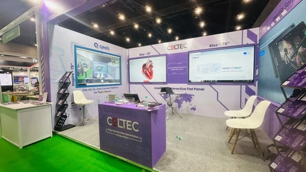 Coltec booth showcasing Rise and Inertia Series Intelligent Interactive Flat Panels for education and corporate solutions.